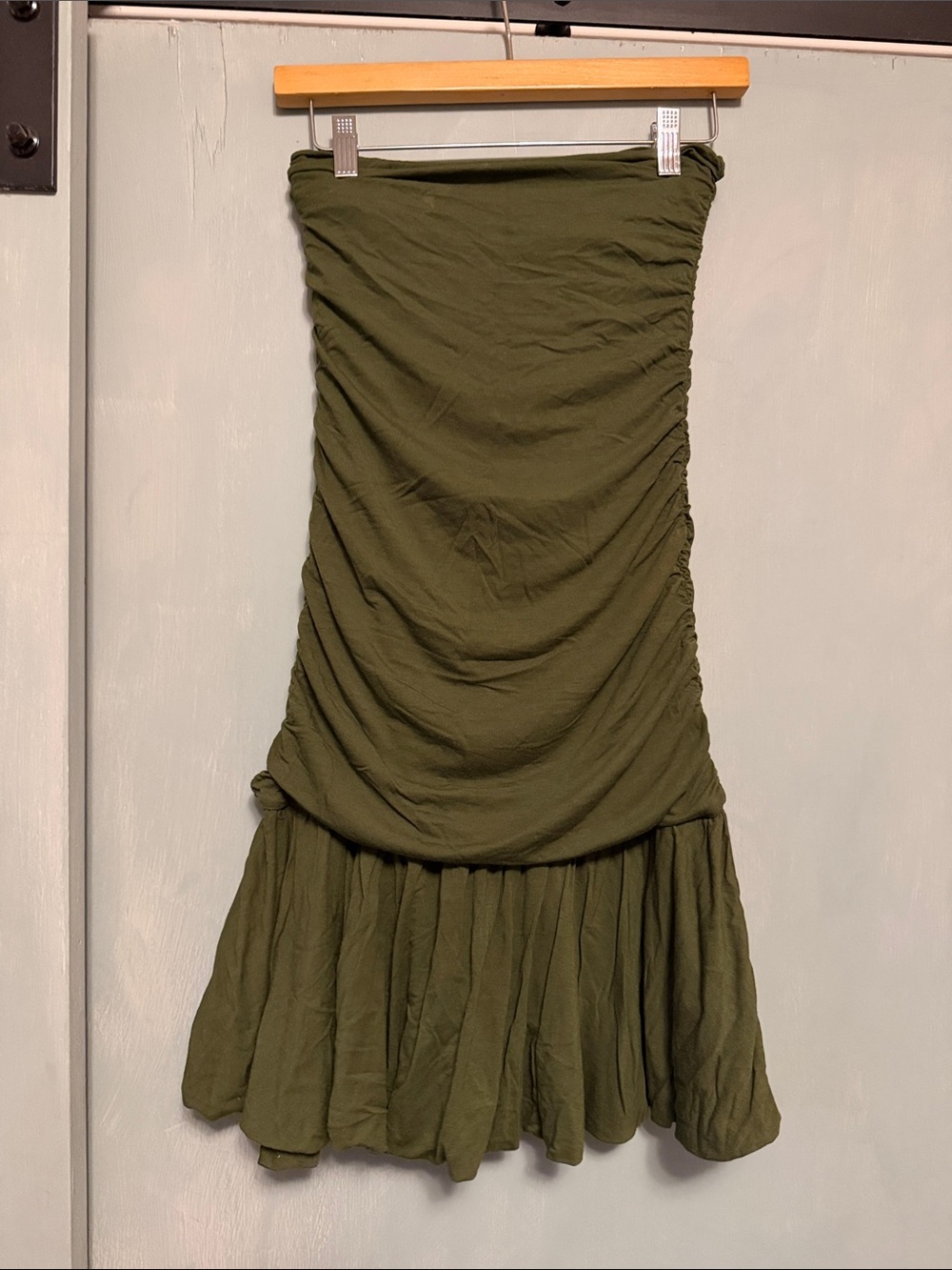 BCBGMaxAzria Olive Green Strapless Ruched Dress